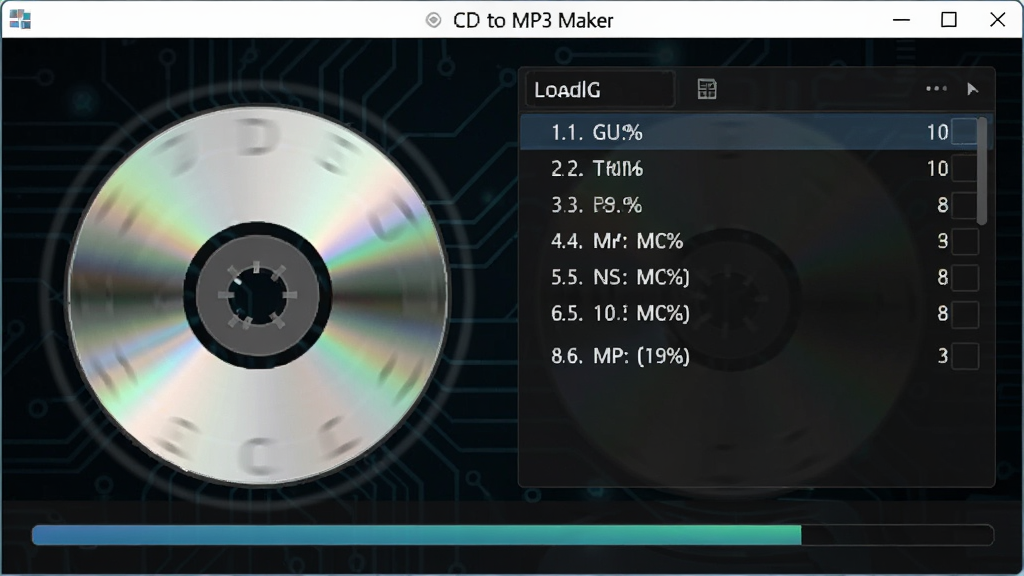 CD to MP3 Maker 软件正在读取CD光盘音轨,界面显示光盘旋转动画和音轨列表加载进度条,背景为深色科技感界面,风格为软件功能展示图,细节包括光盘图标、音轨编号、读取进度百分比,画质清晰,干净,无多余元素