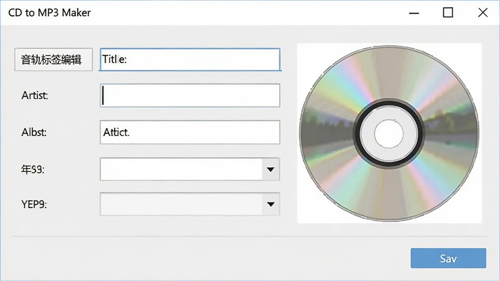 CD to MP3 Maker 音轨标签编辑面板,画面展示标题、艺术家、专辑、年份等输入框,旁边有CD封面占位图,风格为简洁表单界面,细节包括文本输入框、下拉菜单、保存按钮,画质清晰,干净,无多余元素