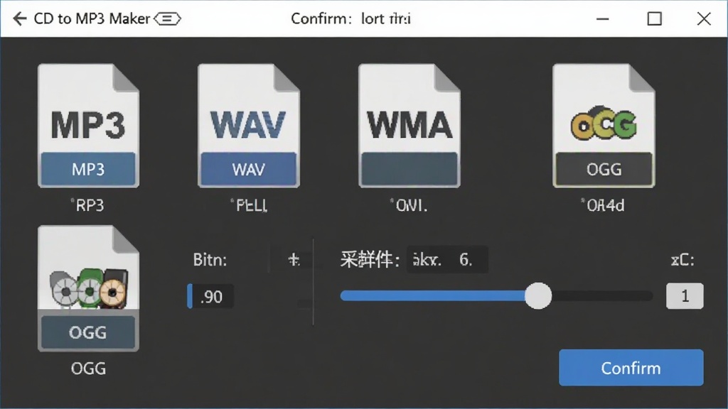 CD to MP3 Maker 输出格式选择界面特写,画面展示MP3、WAV、WMA、OGG等格式图标排列,旁边有比特率和采样率调节滑块,风格为扁平化软件界面,细节包括格式图标、参数数值、确认按钮,画质清晰,干净,无多余元素