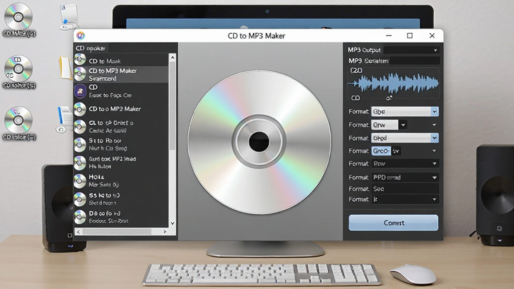 CD to MP3 Maker 软件主界面全景展示,画面中央是软件操作窗口,左侧显示CD音轨列表,右侧为MP3输出参数设置面板,背景是整洁的电脑桌面环境,风格为写实软件截图风格,细节包括光盘图标、音轨波形、格式下拉菜单和转换按钮,画质清晰,干净,无多余元素