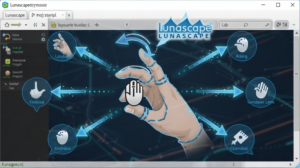 软件操作演示图,主体是Lunascape浏览器窗口上叠加鼠标手势轨迹,布局为中央显示手势线条和对应功能图标,排版围绕手势展开,风格为动感科技风,细节有手势箭头、功能提示气泡和Lunascape标志,画质高清,干净无多余元素