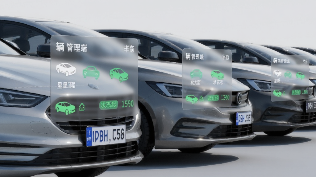 画面主体为一排整齐停放的轿车,每辆车前方悬浮半透明信息卡片,卡片上标注有辆管理端字样与车辆状态图标,布局采用横向排列,风格为科技感写实渲染,细节包括车牌号、里程数字、状态标签,画质高清,画面干净无杂乱元素