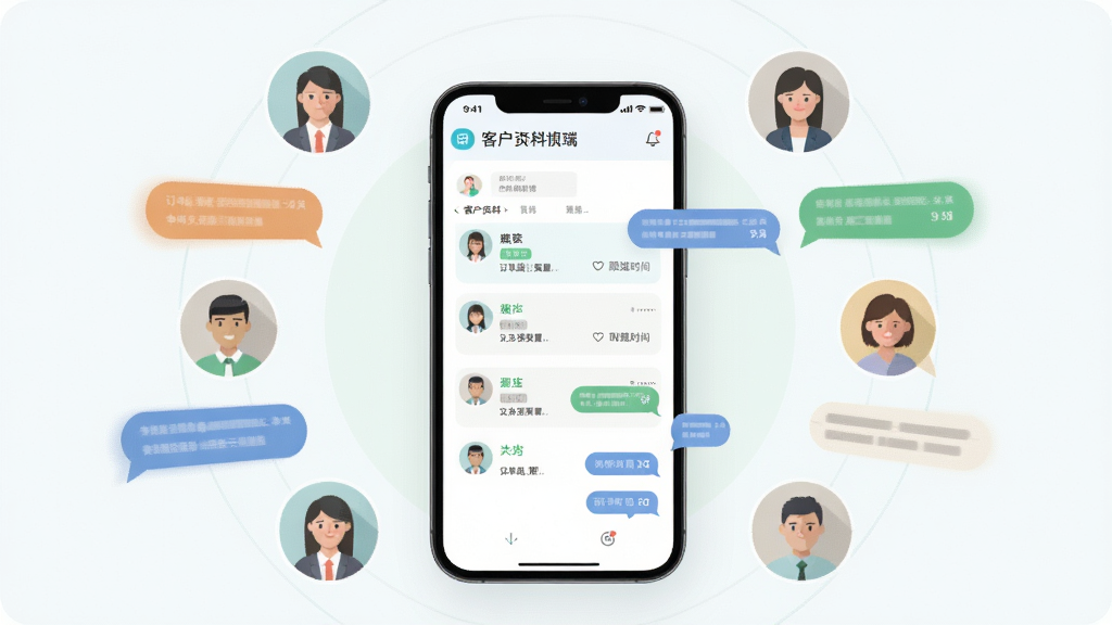 画面中心为一部手机,屏幕显示有辆管理端的客户资料页面,周围环绕多个联系人头像与对话气泡,布局采用环形发散构图,风格为清新扁平化设计,细节包括姓名标签、订单数量、跟进时间,画质柔和干净,无多余背景元素