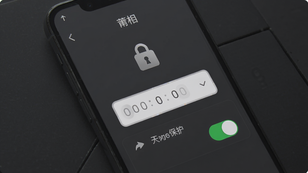 一部手机屏幕显示“莆相”软件的应用锁设置界面,画面中有密码输入框和开启保护开关,背景为深灰色调,风格沉稳安全,画质清晰,主体为手机与锁形图标,排版简洁,无多余元素