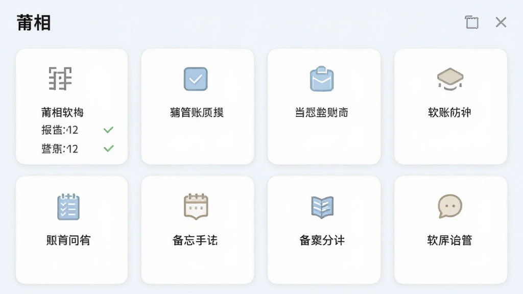 一张展示“莆相”软件模板选择界面的图片,画面中有文本、清单、账目、备忘等多个卡片式选项,每个卡片配有简约图标,整体布局整齐,风格清新浅色,画质清晰,主体明确,无多余装饰,适合软件功能介绍配图