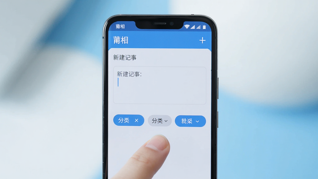 一部安卓手机屏幕显示“莆相”软件的新建记事页面,画面中有文字输入框和分类标签按钮,手指正在点击屏幕,背景为柔和的蓝白配色,风格简洁商务,画质干净清晰,主体为手机与界面,排版居中,无杂乱元素