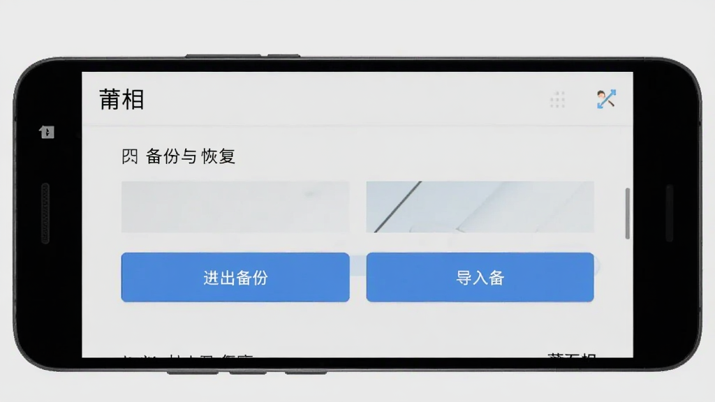 一部安卓手机展示“莆相”软件设置菜单中的备份与恢复选项,画面中有导出备份和导入备份两个按钮,背景为浅灰色,风格简约实用,画质清晰,主体为手机界面,排版整齐,无多余元素