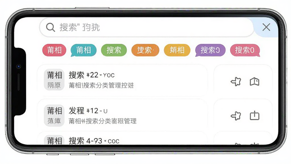 一张“莆相”软件搜索与分类管理界面的截图,画面顶部有搜索框,下方显示多个彩色标签分类,中间列出搜索结果条目,整体风格清爽素雅,画质清晰,主体为手机界面,布局规整,无多余干扰元素