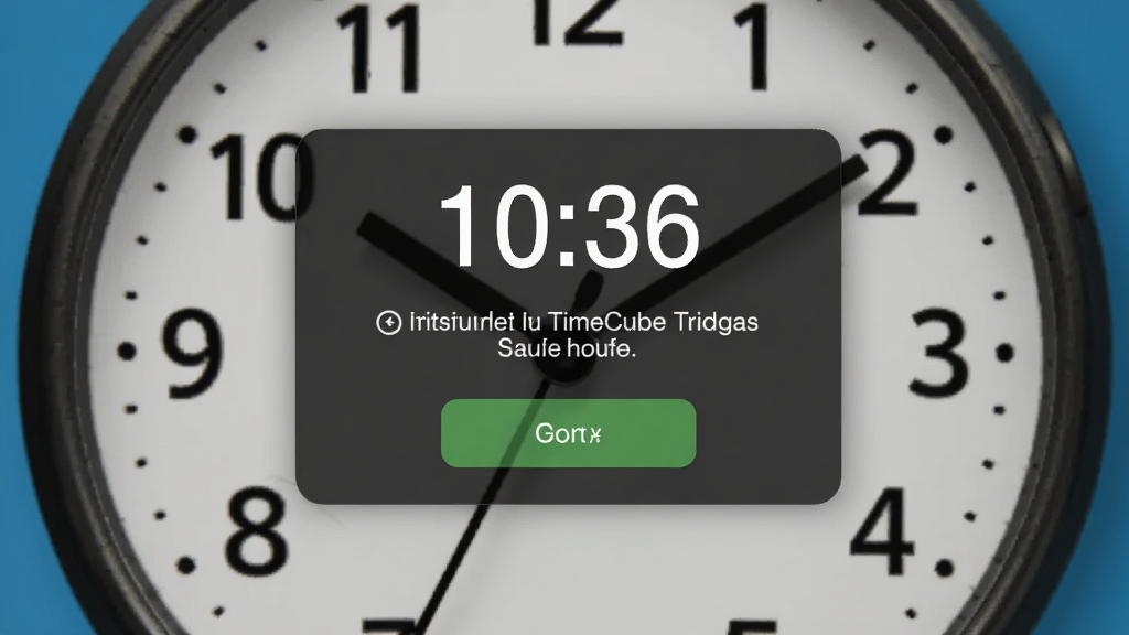 一张TimeCube闹钟提醒功能界面图,画面主体为软件弹窗提醒,布局为中央提醒框背景为桌面时钟,排版简洁,风格为友好提示风,细节包含时间数字、提醒文字、确认按钮,画质高清,干净,无多余元素