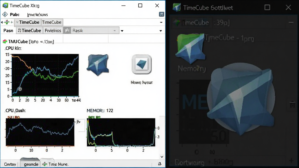 一张TimeCube在Windows任务管理器中低资源占用的示意图,画面主体为任务管理器窗口与TimeCube界面并排,布局为左右对比,排版直观,风格为数据展示风,细节包含CPU占用率曲线、内存数值、软件图标,画质高清,干净,无多余元素