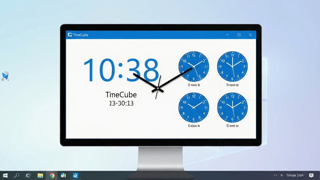 一张简洁现代的Windows电脑桌面场景图,屏幕中央显示TimeCube时钟软件界面,包含数字时钟、日期显示和多个时区小表盘,界面风格清爽极简,蓝白配色,桌面背景为淡雅渐变,风格为科技简约,细节包含时钟指针、数字字体、任务栏图标,画质高清,干净,无多余元素