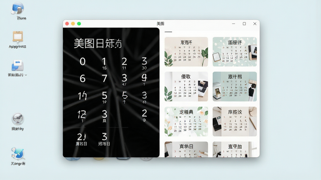 一张电脑桌面截图,画面中央是美图日历软件窗口,左侧显示清晰的日期与农历信息,右侧展示多张风格清新的照片日历模板缩略图,背景为干净的浅色桌面壁纸,界面布局整洁,文字标注清晰,风格简约现代,画质清晰,无多余元素