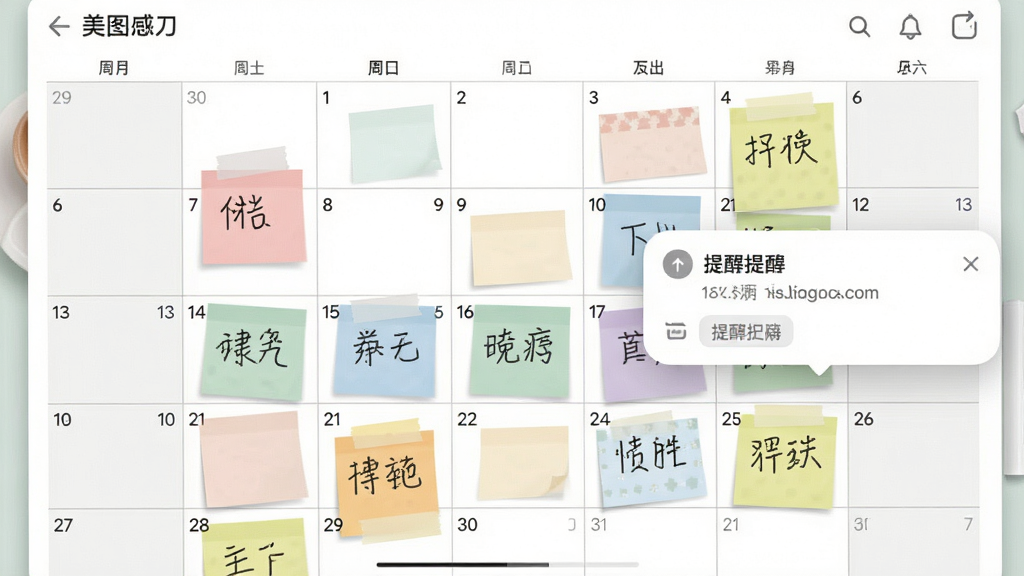 一张美图日历便签功能界面截图,画面中显示日历网格上贴有几张彩色便签,便签上写有简洁的文字内容,旁边有一个弹出式提醒窗口,整体界面布局清爽,配色舒适,画质清晰,无多余元素