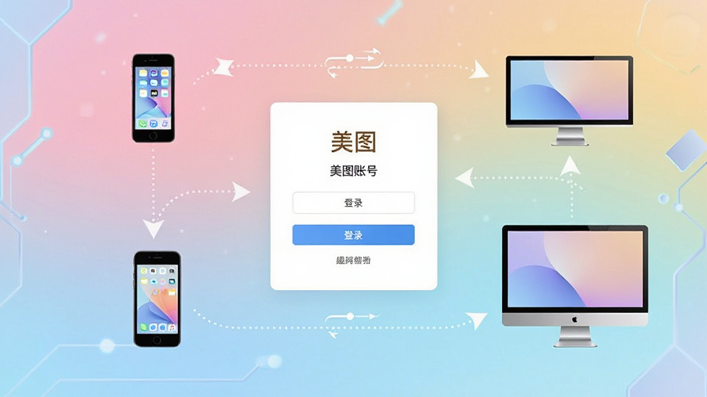 一张美图日历登录界面示意图,画面中央显示美图账号登录框,周围环绕着手机与电脑设备图标,用虚线箭头表示数据同步方向,背景为柔和的渐变色彩,风格简洁科技感,画质清晰,无多余元素