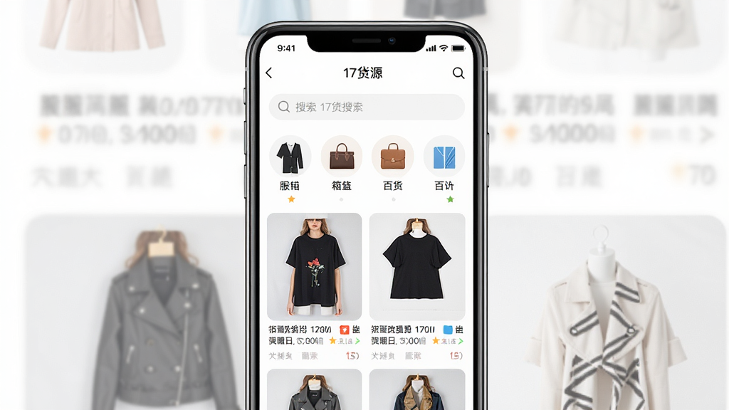 一张手机应用界面截图,画面中央是“17货源”APP首页,顶部搜索框醒目,下方是服饰、箱包、百货等分类图标,中间商品瀑布流展示,整体布局为竖屏手机界面,风格简洁现代,细节清晰,画质干净无多余元素