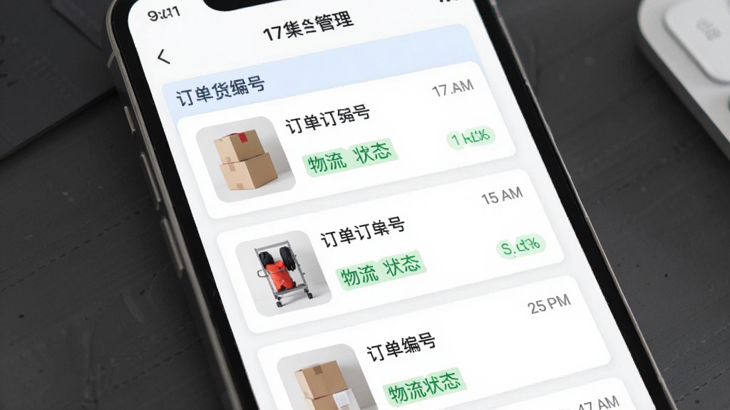 手机界面展示“17货源”订单管理页面,画面中有多个订单卡片按状态分类排列,每个卡片显示商品缩略图、订单编号和物流状态标签,布局为竖屏列表,风格商务简洁,细节清晰,画质干净