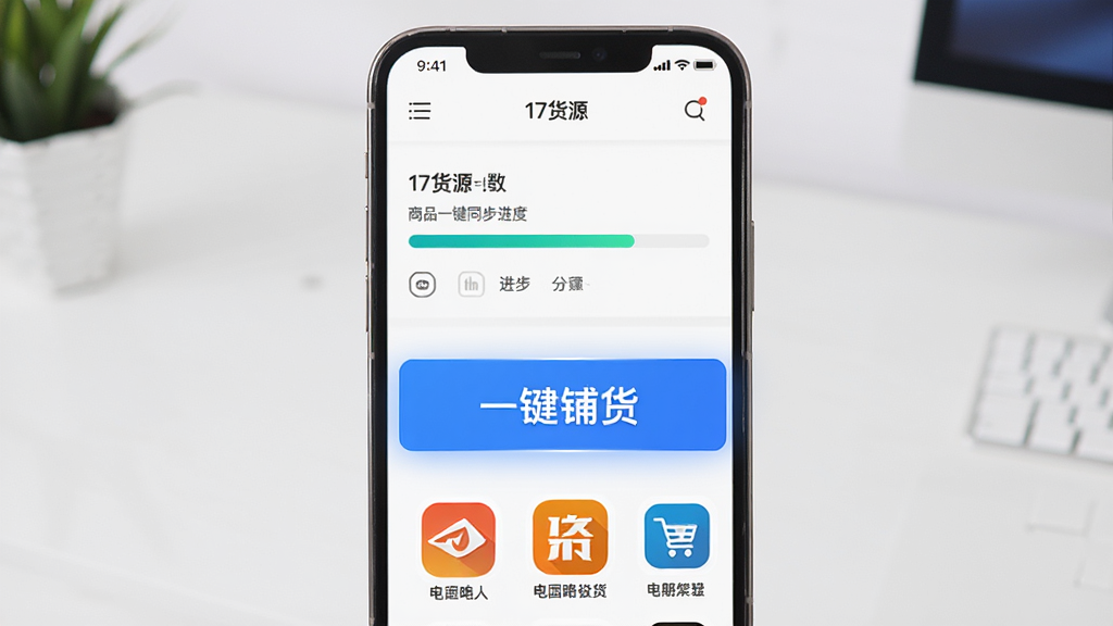 画面展示“17货源”一键铺货功能操作界面,手机屏幕中显示商品信息同步进度条和多个电商平台图标,主体突出“一键铺货”按钮,布局为竖屏,风格科技简洁,细节清晰,画质干净无多余元素