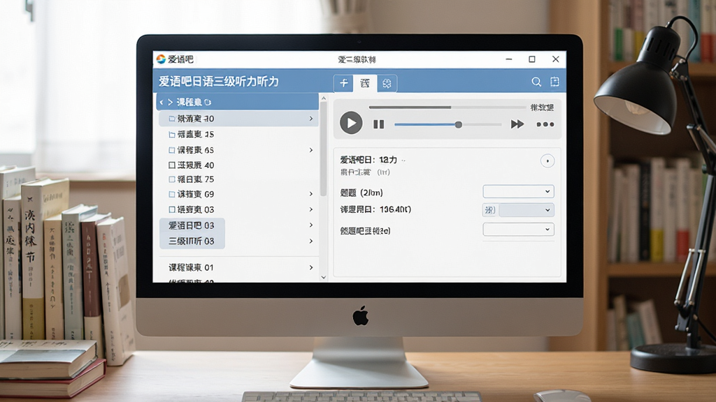 一张展示爱语吧日语三级听力软件界面的图片,画面中央是电脑屏幕,屏幕上显示爱语吧日语三级听力软件主界面,左侧是课程章节列表,右侧是播放器与题目选项区域,界面简洁清晰,背景是书房桌面环境,风格写实,细节丰富,画质清晰,干净,无多余元素