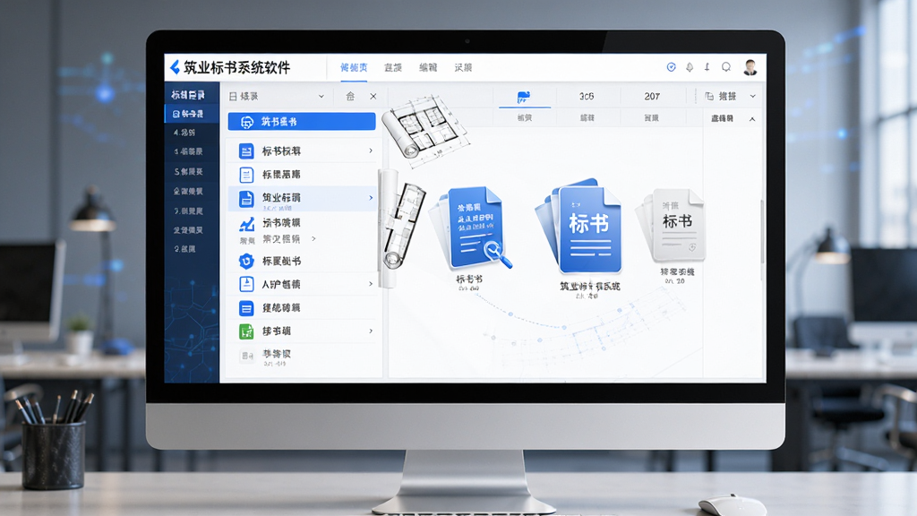 主体为筑业标书系统软件界面,布局为电脑屏幕居中展示,排版为左右分栏展示标书目录与编辑区,风格为现代商务科技风,细节包含建筑图纸元素、标书文档图标、蓝色主色调,画质高清干净无多余元素