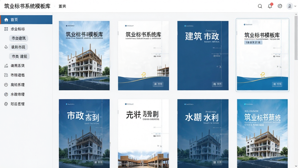 主体为筑业标书系统模板库界面,布局为网格状排列的文档封面,排版为左侧分类导航右侧模板预览,风格为清爽办公风,细节包含建筑、市政、水利等分类标签,画质高清干净无多余元素