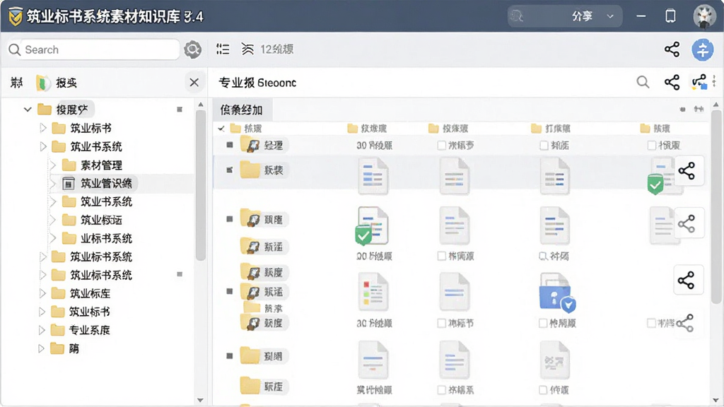 主体为筑业标书系统素材知识库界面,布局为文件夹与文档列表,排版为左侧树形目录右侧内容预览,风格为专业档案管理风,细节包含搜索框、标签分类、共享图标,画质高清干净无多余元素