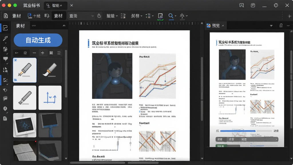 主体为筑业标书系统智能排版功能展示,布局为文档编辑界面居中,排版为左侧素材区中间编辑区右侧预览区,风格为简洁高效风,细节包含自动目录生成按钮、格式刷图标、进度条,画质高清干净无多余元素