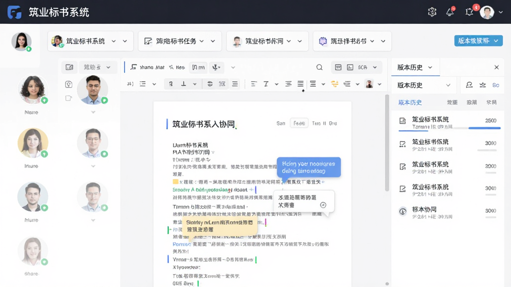 主体为筑业标书系统多人协同界面,布局为多用户头像与文档编辑区,排版为顶部任务栏中间编辑区右侧版本历史,风格为团队协作风,细节包含实时光标、批注气泡、进度条,画质高清干净无多余元素