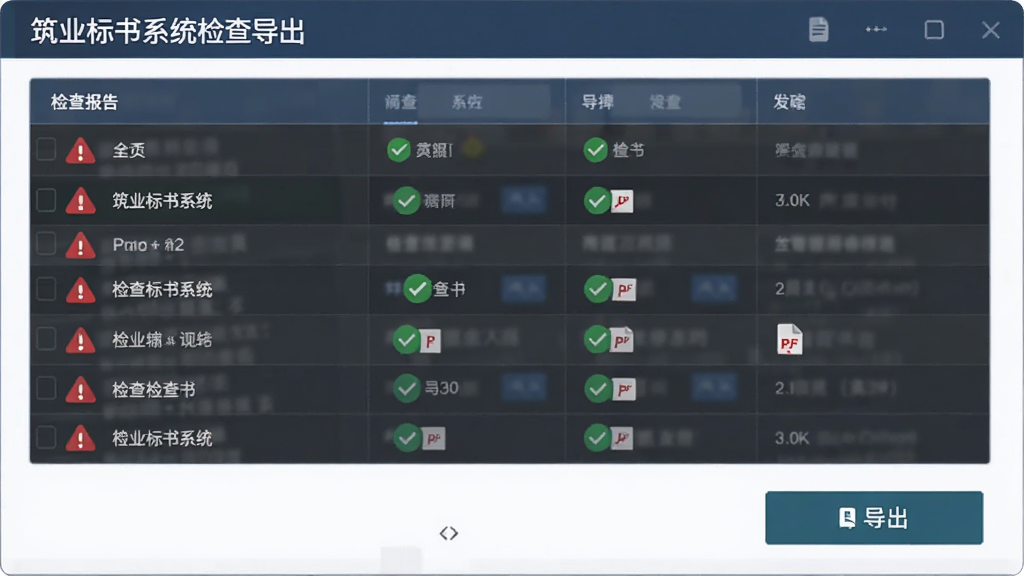 主体为筑业标书系统检查导出界面,布局为检查报告列表与导出按钮,排版为上方检查项下方导出选项,风格为严谨质检风,细节包含红色警告图标、绿色通过图标、PDF图标,画质高清干净无多余元素