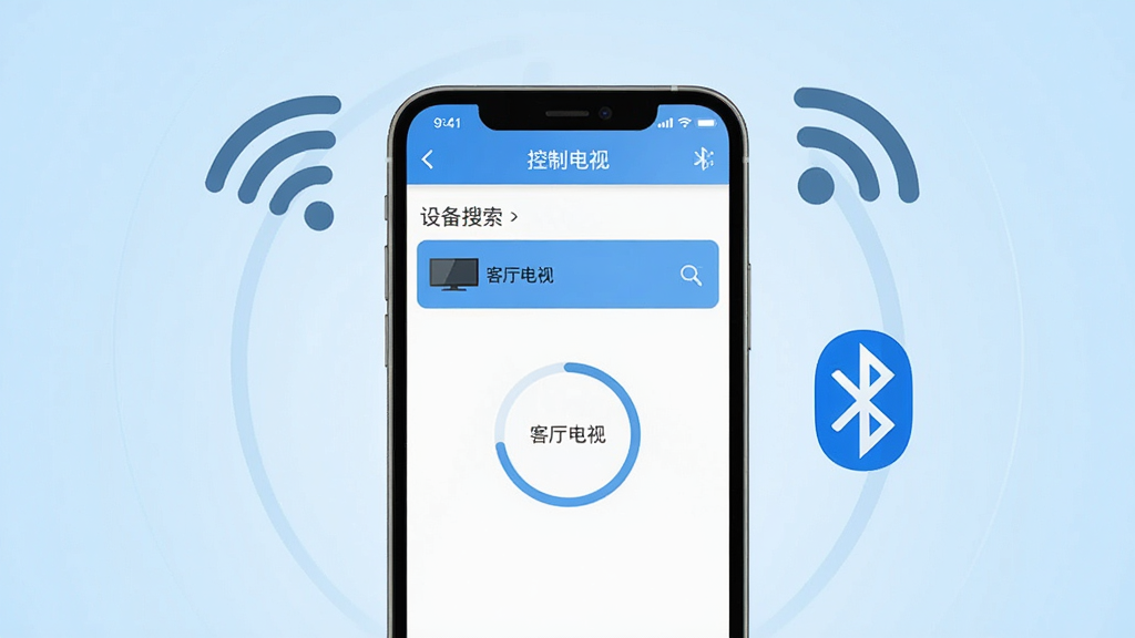 一张以“控制电视”软件连接界面为主题的图片,画面主体是一部手机,手机屏幕显示着设备搜索列表,列表中有一台名为“客厅电视”的设备,手机周围环绕着WiFi信号图标和蓝牙图标,布局为居中构图,风格为清爽扁平化UI风格,细节包括搜索动画的圆环进度条,背景为浅蓝色渐变,画质清晰,干净无多余元素