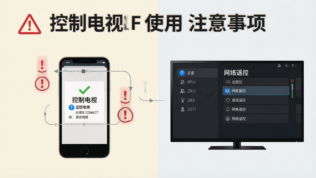 一张展示“控制电视”使用注意事项的图片,画面主体是一部手机和一台电视,手机屏幕上显示着连接成功的提示,电视屏幕显示着设置菜单中的网络遥控选项,布局为左右对比,风格为教程图解风格,细节包括红色警示图标和蓝色提示图标,背景为浅色,画质清晰,干净无多余元素