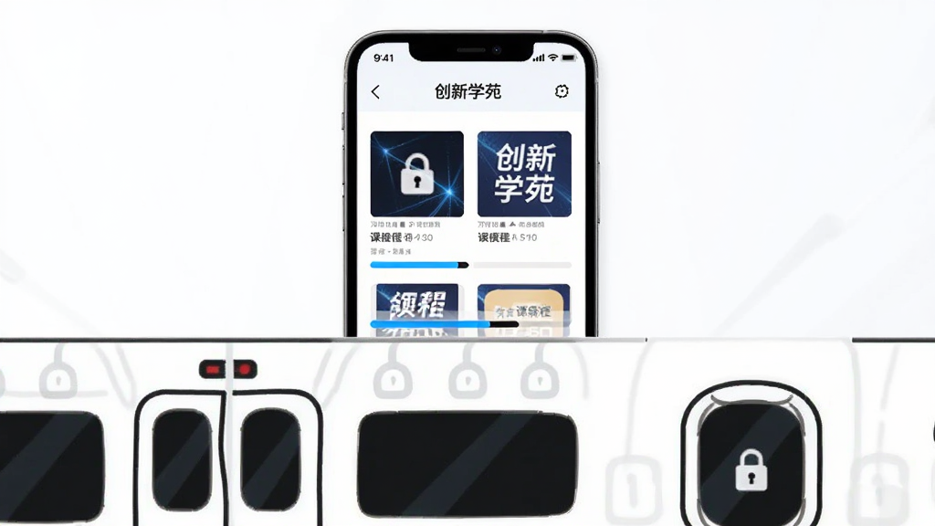 画面主体为一部手机,手机屏幕显示“创新学苑”的下载管理界面,界面中有多个课程封面和下载进度条,手机下方是地铁车厢和飞机舷窗的简笔图案,布局采用上下结构,风格为简约科技风,细节上进度条有蓝色高光,课程封面有锁形图标表示已缓存,画质高清,背景干净,无多余元素
