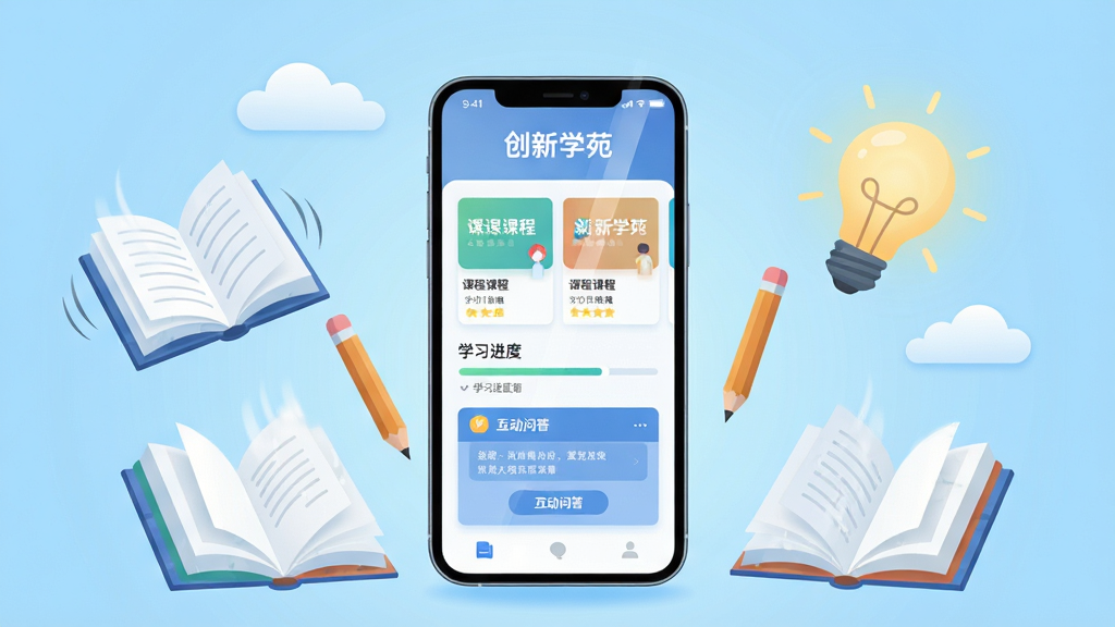 整体画面以现代在线教育场景为核心,画面中央放置一部智能手机,手机屏幕显示“创新学苑”APP界面,界面中包含课程卡片、学习进度条和互动问答模块,手机周围环绕着书本、铅笔、灯泡、云朵等象征知识与创新的元素,背景为浅蓝色渐变,布局采用中心对称式构图,风格为扁平化插画风,细节上手机屏幕有轻微反光效果,书本带有翻页动态感,灯泡发出柔和光芒,画质高清,干净明亮,无多余元素