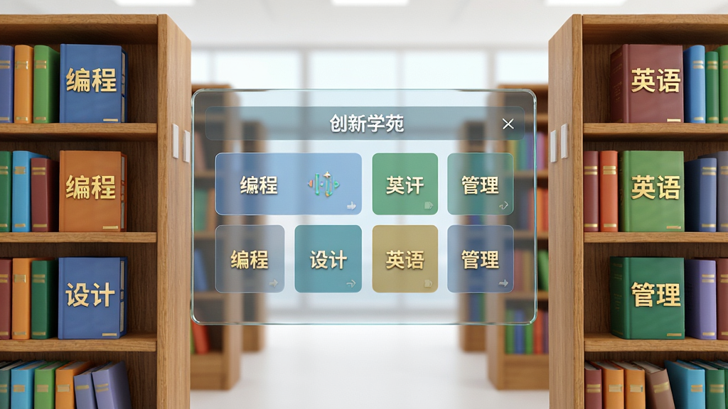 画面主体为一间明亮的虚拟图书馆,书架上整齐排列着不同颜色的书籍,每本书封面分别写着“编程”“设计”“英语”“管理”等字样,画面中央悬浮着一块透明屏幕,屏幕中显示“创新学苑”的课程分类界面,布局采用左右对称,风格为3D渲染,细节上书架有木质纹理,书籍有烫金字体,屏幕有玻璃质感,画质超清,干净整洁,无多余元素