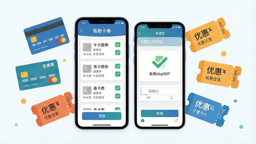 一张展示易商卡卡券管理功能的场景图,画面中央是手机屏幕显示卡券列表与核销界面,周围有会员卡、优惠券等图形元素漂浮,布局采用左右对称构图,风格为清新明快的扁平插画风,细节上突出卡券卡片与勾选核销的视觉符号,画质高清,画面干净整洁,无多余元素