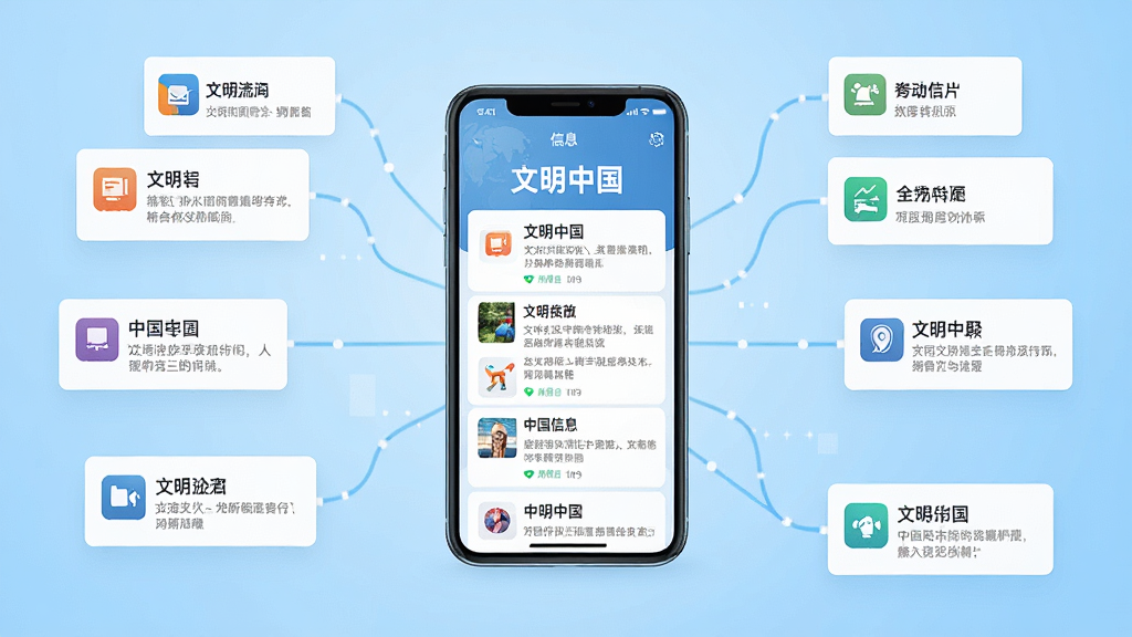 一幅信息汇聚概念图,画面中央是一部智能手机,屏幕中显示文明中国应用的信息流页面,多条资讯卡片从手机屏幕向四周延展成信息网络,卡片上有小图标和标题文字,背景是浅蓝色渐变,风格扁平化科技感,细节清晰,画质高清,干净,无多余元素