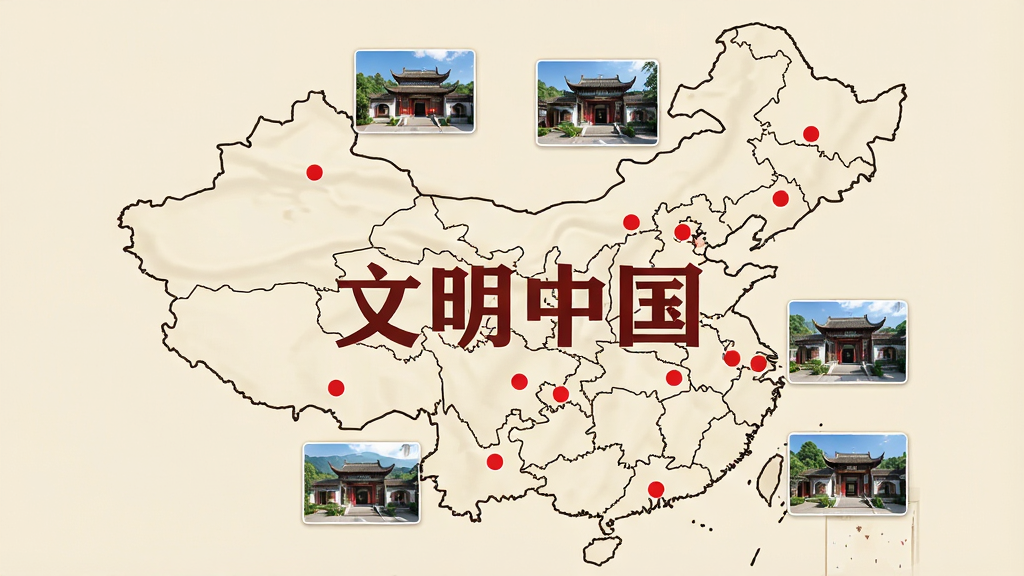 一幅中国地图轮廓示意图,地图上多个城市位置有红色标记点,每个标记点旁有小窗口展示当地文明实践活动照片,画面中央有文明中国四个大字,背景为淡雅米色,风格简洁大气,细节清晰,画质高清,干净,无多余元素