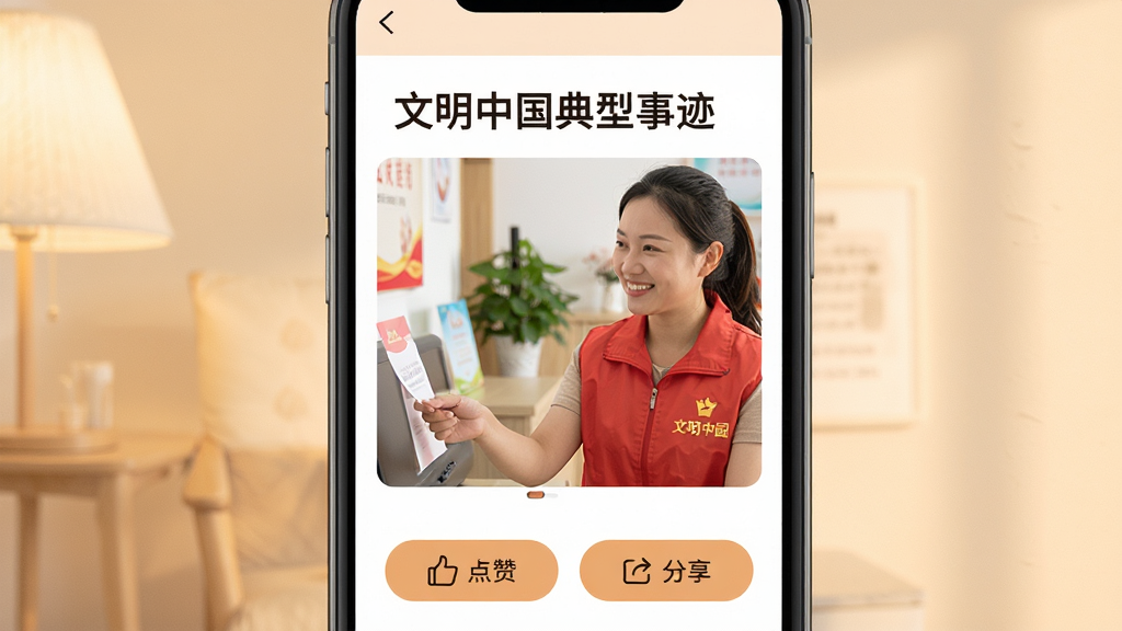 一幅展示道德模范事迹页面的图片,手机屏幕中显示一篇人物报道,标题为文明中国典型事迹,配有一位志愿者微笑服务的照片,页面下方有点赞和分享按钮,背景为柔和暖色调,风格温馨写实,细节清晰,画质高清,干净,无多余元素