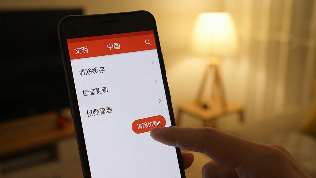 一部安卓手机屏幕显示文明中国应用的设置页面,页面中列出了清除缓存、检查更新、权限管理等选项,一只手正在点击清除缓存按钮,背景为室内柔和光线,风格写实,细节清晰,画质高清,干净,无多余元素