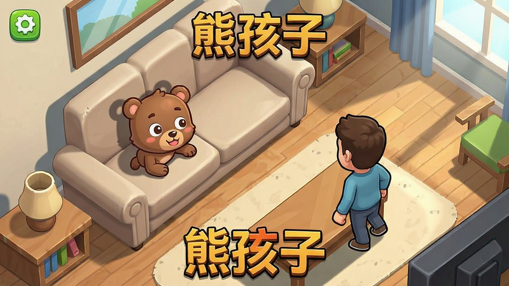 卡通熊孩子躲在沙发后面,前方有家长角色在巡逻,画面采用俯视视角,布局展示房间内的家具和障碍物,风格为休闲游戏界面,细节包括地板纹理和家具阴影,画质干净清晰,画面中带有“熊孩子大逃脱”字样的游戏标题