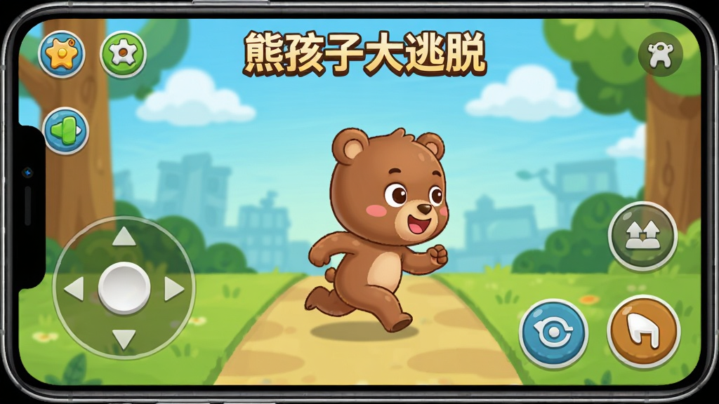 手机屏幕中显示虚拟摇杆和操作按钮,卡通熊孩子在画面中间奔跑,布局为横版游戏界面,风格简洁明快,细节包括按钮图标和方向指示,画质清晰干净,画面中带有“熊孩子大逃脱”字样