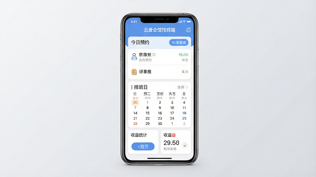 一张手机应用界面展示图,画面中央是一部竖屏智能手机,屏幕内显示“云康会馆技师端”的首页界面,包含今日预约列表、排班日历、收益统计卡片等模块,背景为浅灰色渐变,整体布局简洁清晰,风格为现代扁平化UI设计,细节上按钮圆角、图标线性、文字使用中文,画质高清干净,无多余装饰元素