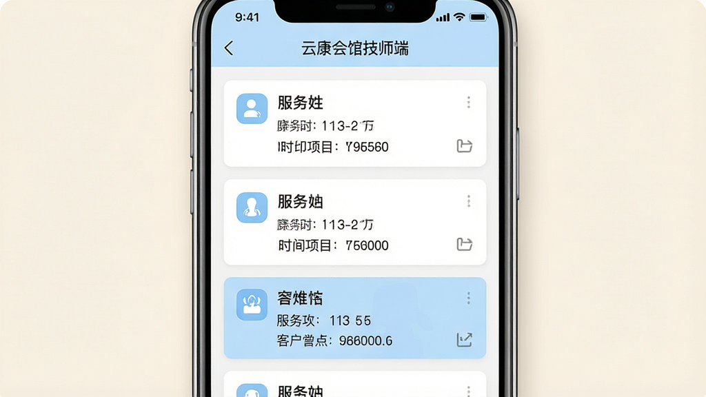 一张功能展示图,画面主体为手机屏幕,屏幕中显示“云康会馆技师端”的订单列表页面,包含多条预约卡片,每张卡片上有客户姓名、服务项目、时间等信息,卡片颜色以白色和浅蓝色为主,背景为柔和的米白色,布局为纵向列表排版,风格为简洁商务风,细节上图标清晰、文字使用中文,画质高清,干净无杂乱元素