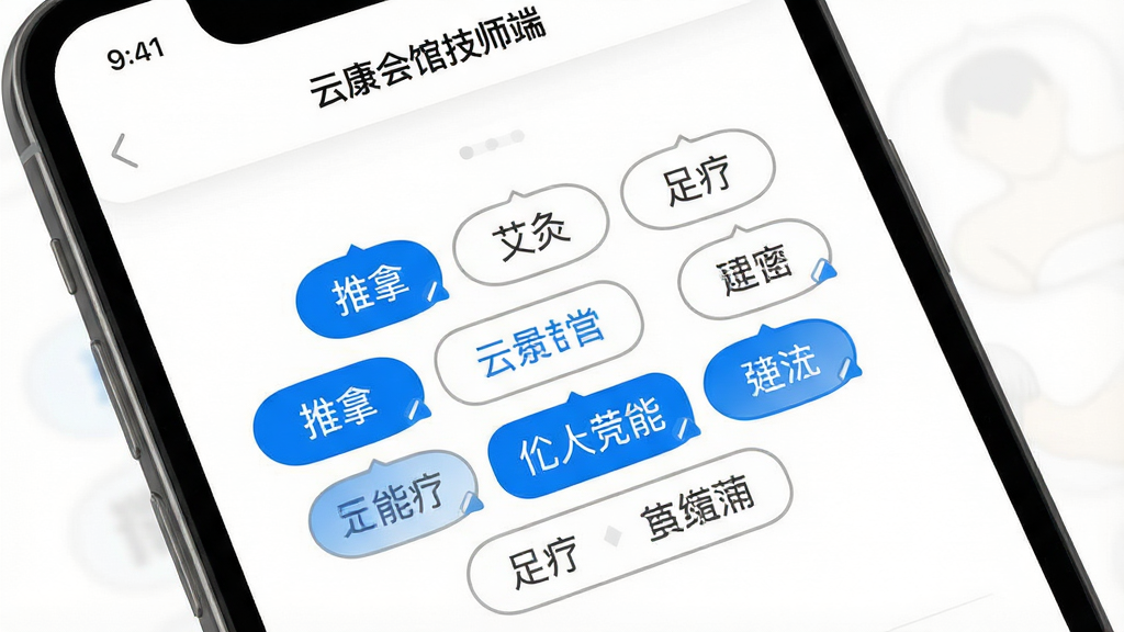 一张功能展示图,画面主体为手机屏幕,屏幕中显示“云康会馆技师端”的个人技能标签编辑页面,包含多个可勾选的服务项目标签如推拿、艾灸、足疗等,背景为白色,布局为标签云式排列,风格为极简清爽风,细节上选中标签为蓝色填充、未选中为灰色描边,文字使用中文,画质高清,干净无多余元素