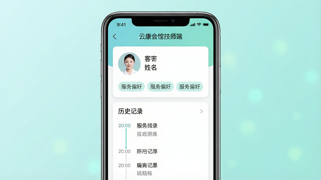 一张功能展示图,画面主体为手机屏幕,屏幕中显示“云康会馆技师端”的客户档案详情页面,包含客户头像、姓名、服务偏好标签、历史记录时间轴等模块,背景为浅青色渐变,布局为卡片式上下结构,风格为清新简约风,细节上标签使用圆角矩形、文字使用中文,画质高清,干净无多余元素