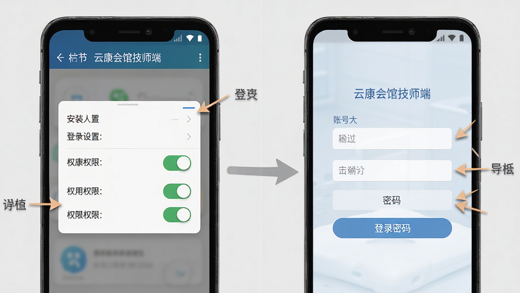 一张操作指引图,画面主体为安卓手机屏幕,屏幕中显示“云康会馆技师端”的安装权限设置界面与登录页面并排展示,左侧为权限开关示意,右侧为账号密码输入框,背景为浅灰色,布局为左右对比排版,风格为教程图解风,细节上标注箭头指引、文字使用中文,画质高清,干净清晰
