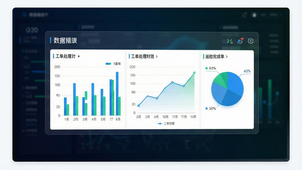 管+ 数据统计与报表功能展示,主体为一块悬浮的虚拟数据看板,看板上显示柱状图、折线图、饼图等统计图表,图表旁有工单处理时效、巡检完成率等文字标签,布局为居中大屏展示,风格为商务简约风,细节上图表颜色以蓝绿为主,背景为深色渐变,画质高清,干净,无多余元素