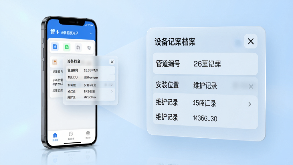 管+ 设备档案电子化功能展示,主体为一部手机与悬浮的虚拟设备档案卡片,卡片上显示管道编号、安装位置、维护记录等信息,布局采用左右分栏,左侧为手机实机展示,右侧为放大后的档案卡片细节,风格为清爽科技风,细节上卡片带有半透明磨砂质感,背景为淡蓝色渐变,画质高清,干净,无多余元素