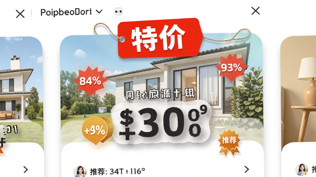 同城租房特价应用中的特价房源专区页面,醒目的特价标签悬挂在房源卡片上方,价格数字用大号字体突出显示,周围有折扣图标和推荐标识,布局层次分明,风格活泼明快,细节清晰,画质高清,干净,无多余元素