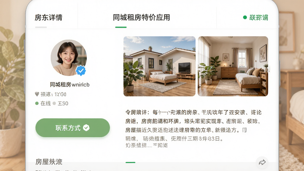 同城租房特价应用中个人房源详情页面,展示房东头像、房源照片、联系方式按钮和房屋描述文字,界面简洁友好,布局清晰,风格温馨自然,细节包括认证标识、在线状态、沟通按钮,画质高清,干净,无多余元素