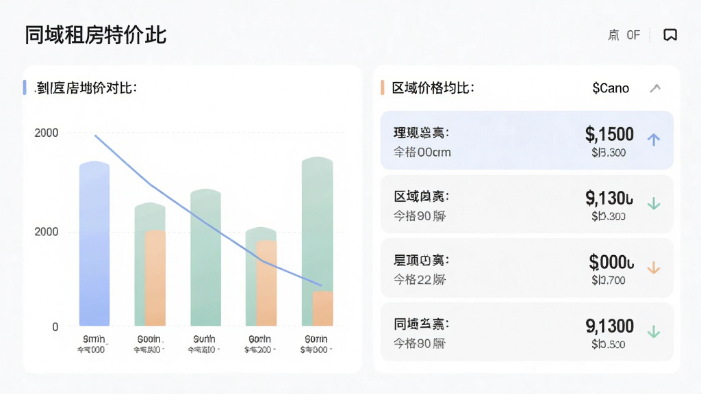 同城租房特价应用中的区域价格对比页面,柱状图和列表结合展示不同区域的租金均价,数字清晰可见,配色柔和,布局规整,风格商务简洁,细节包括区域名称、价格区间、对比箭头,画质高清,干净,无多余元素